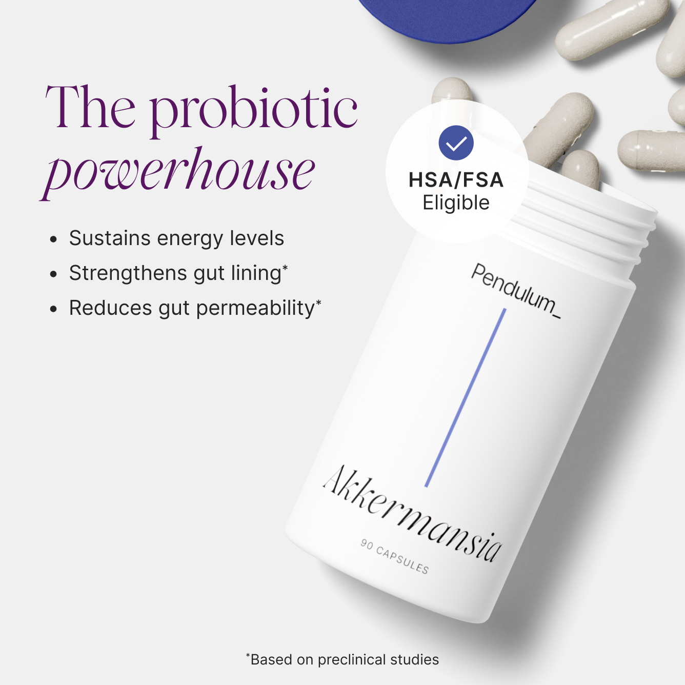 Pendulum Akkermansia Probiotic with Prebiotic Fiber - Increases GLP-1 Production, Delayed Release, Third-Party Tested, 100M AFU Live Strain for Gut Health for Men & Women 30 Capsules